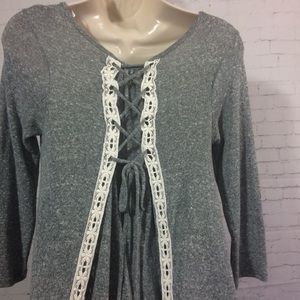 Gray Corset Back 3/4 Sleeve Top